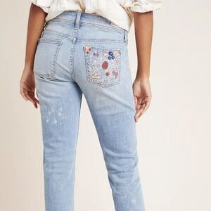 Boho Paint Splatter Jeans Anthropologie Plicro 30 Blue Straight Leg Embroidered